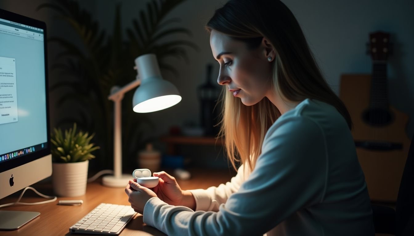 A woman in her 30s is sitting at a cluttered desk, placing earbuds into a charging case.