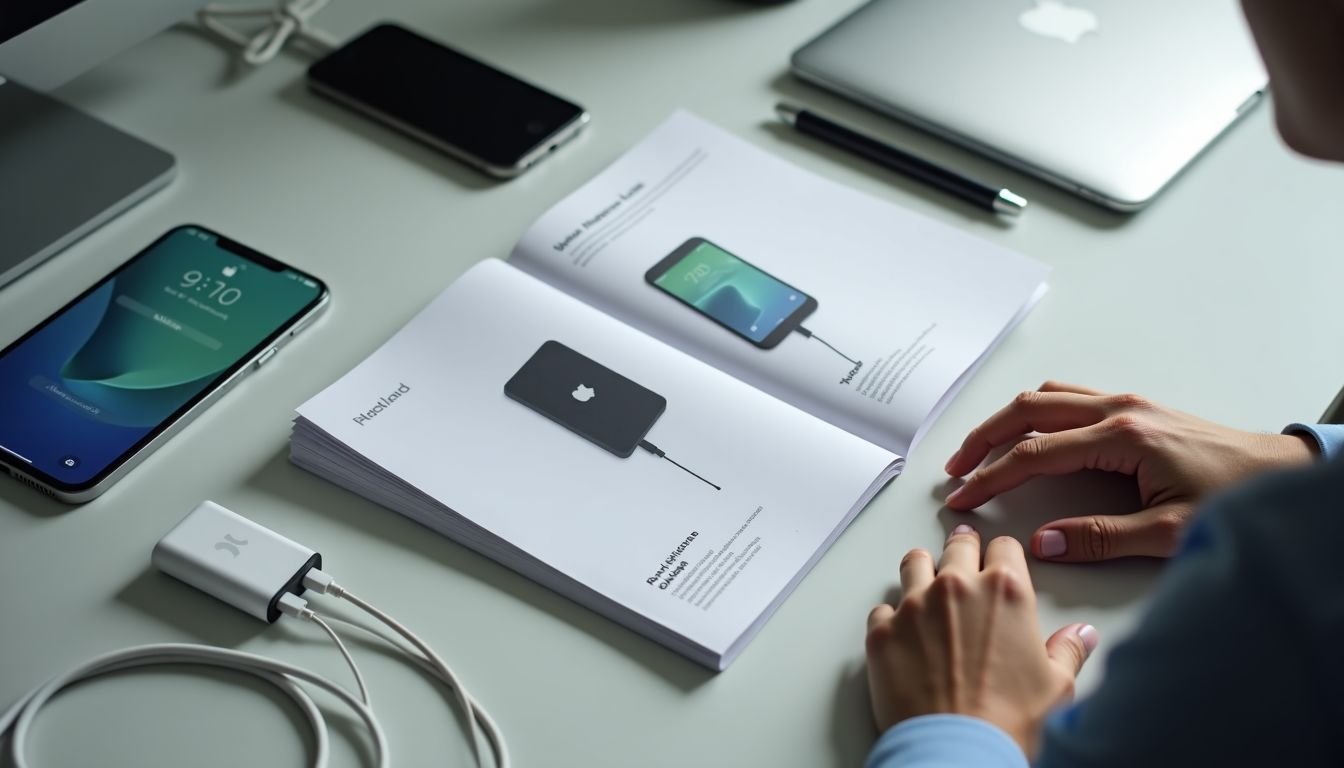 An open power bank user manual surrounded by charging cables and electronic devices, with a person present.