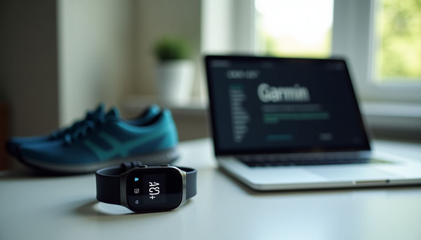 A Garmin fitness tracker on a desk with workout gear.