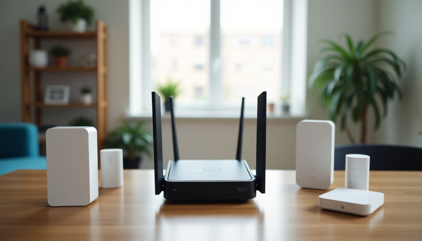 The image shows a dual-band router with network management tools.