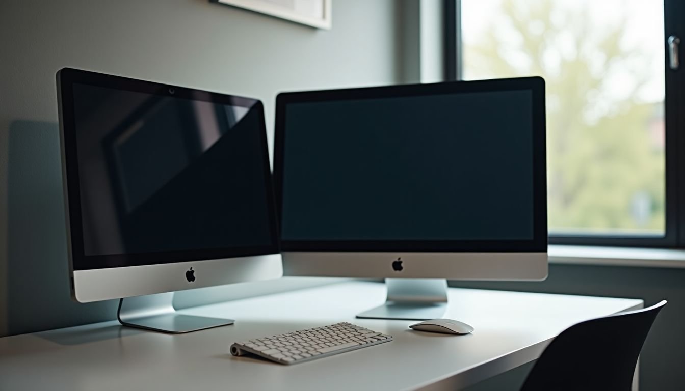 A modern office desk with two sleek monitors for efficient workflow.