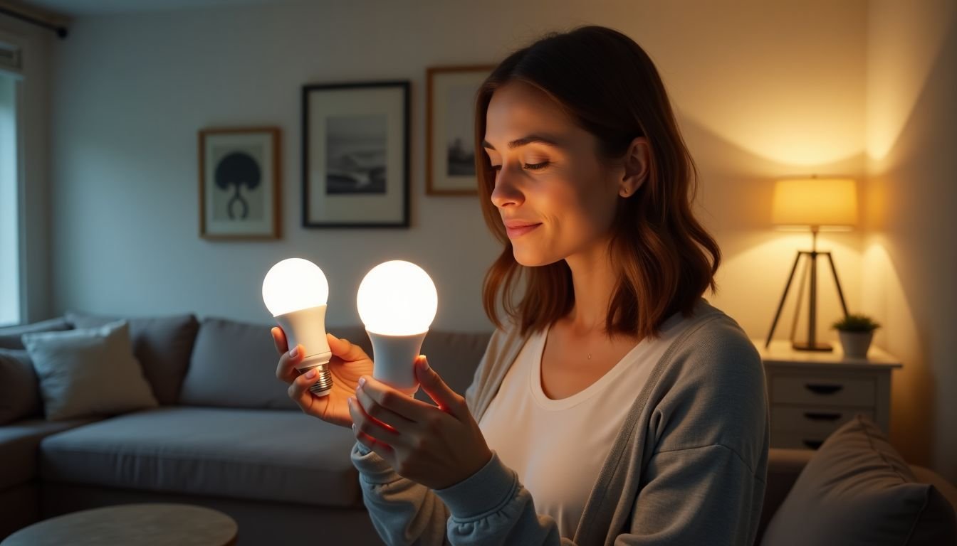 A woman in her 30s adjusting smart light bulbs in her living room.