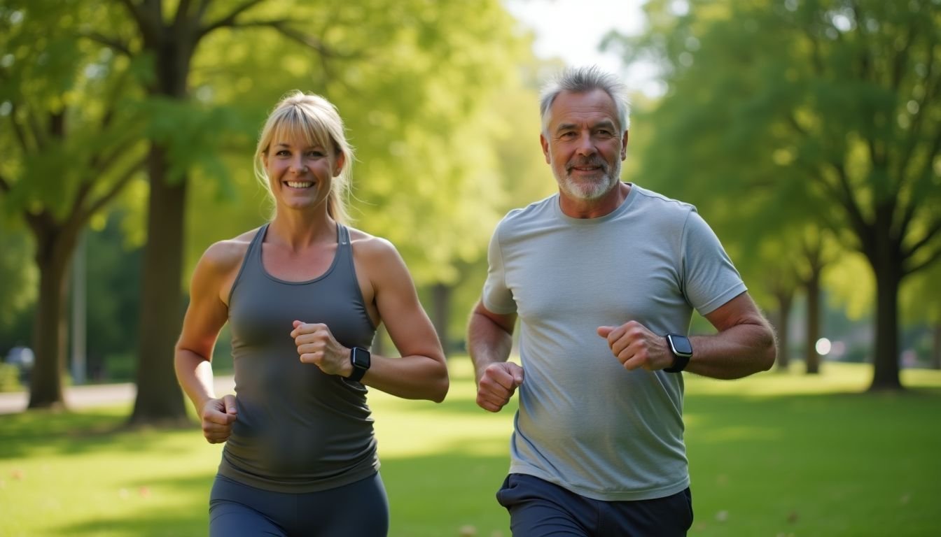 Two adults exercising in a sunny outdoor park wearing Apple Watches.