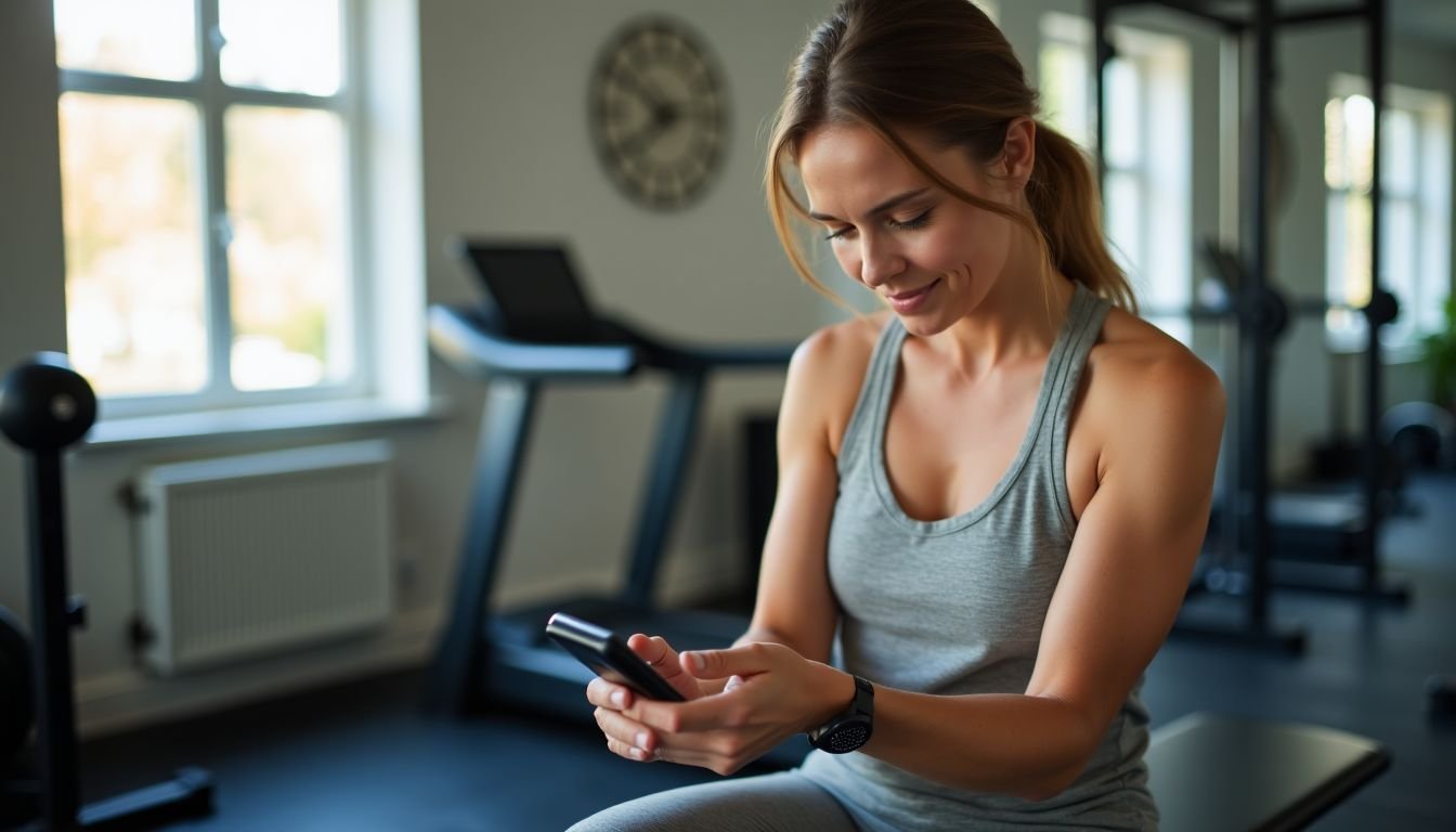 A woman in a home gym setting setting personalized fitness goals.