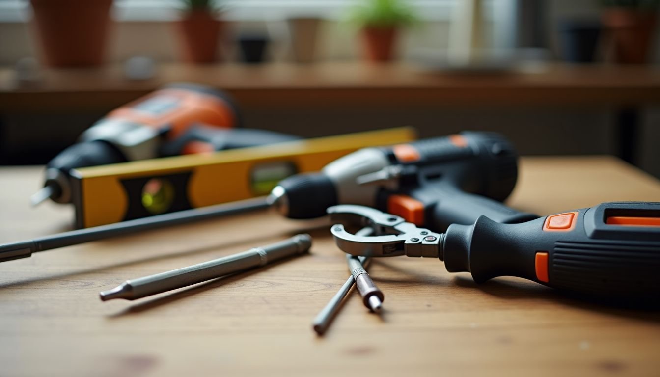 A selection of well-organized tools on a wooden workbench.