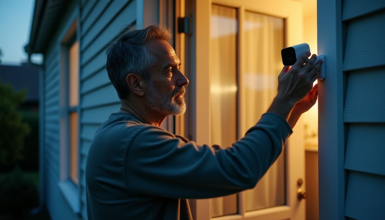 A man setting up a security camera at his home.