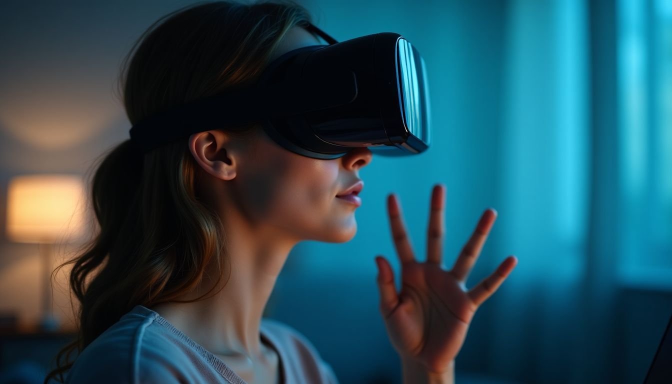 A woman in her 30s wearing a VR headset with blurry vision.