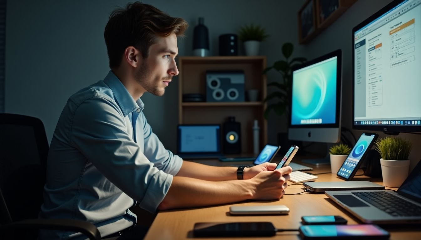 A man charges multiple devices at a cluttered desk.