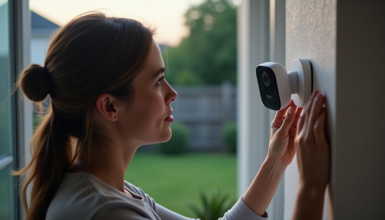 A woman sets up a TP-Link security camera in her backyard.