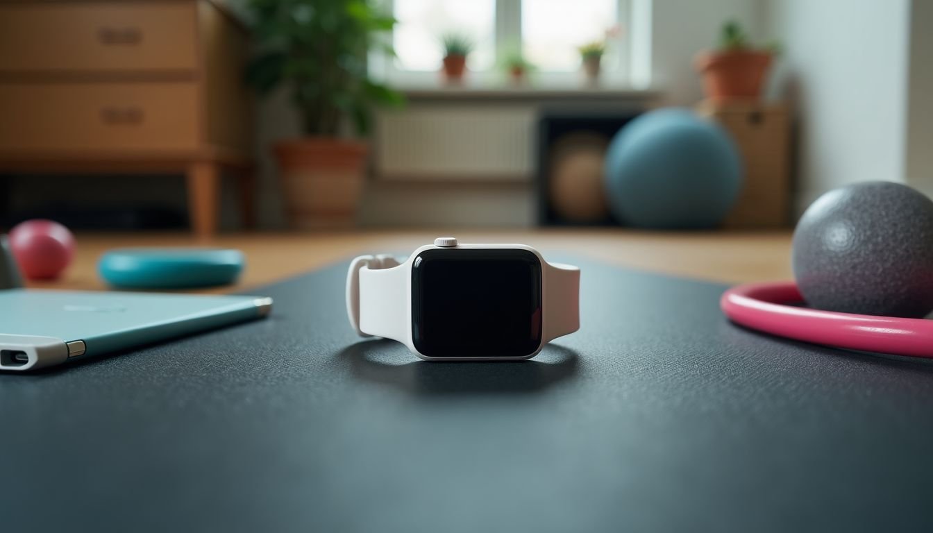 A white Apple Watch on a black fitness mat in a home gym with scattered workout accessories.