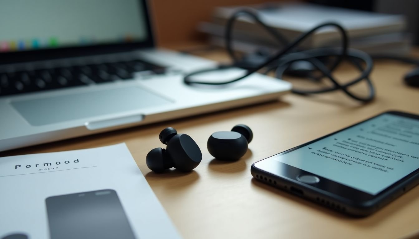 A pair of wireless earbuds next to a laptop on a messy desk.