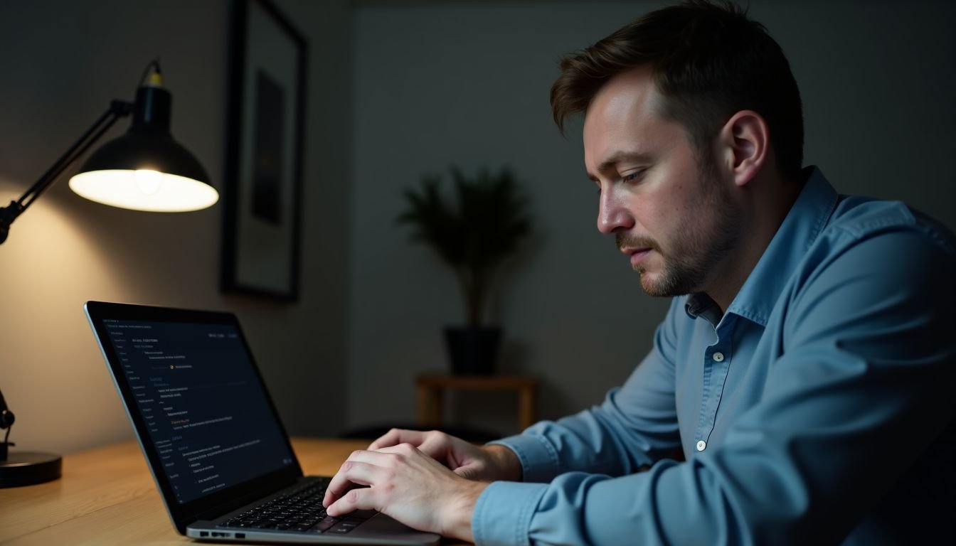 A man in his 30s adjusts audio settings on his laptop.