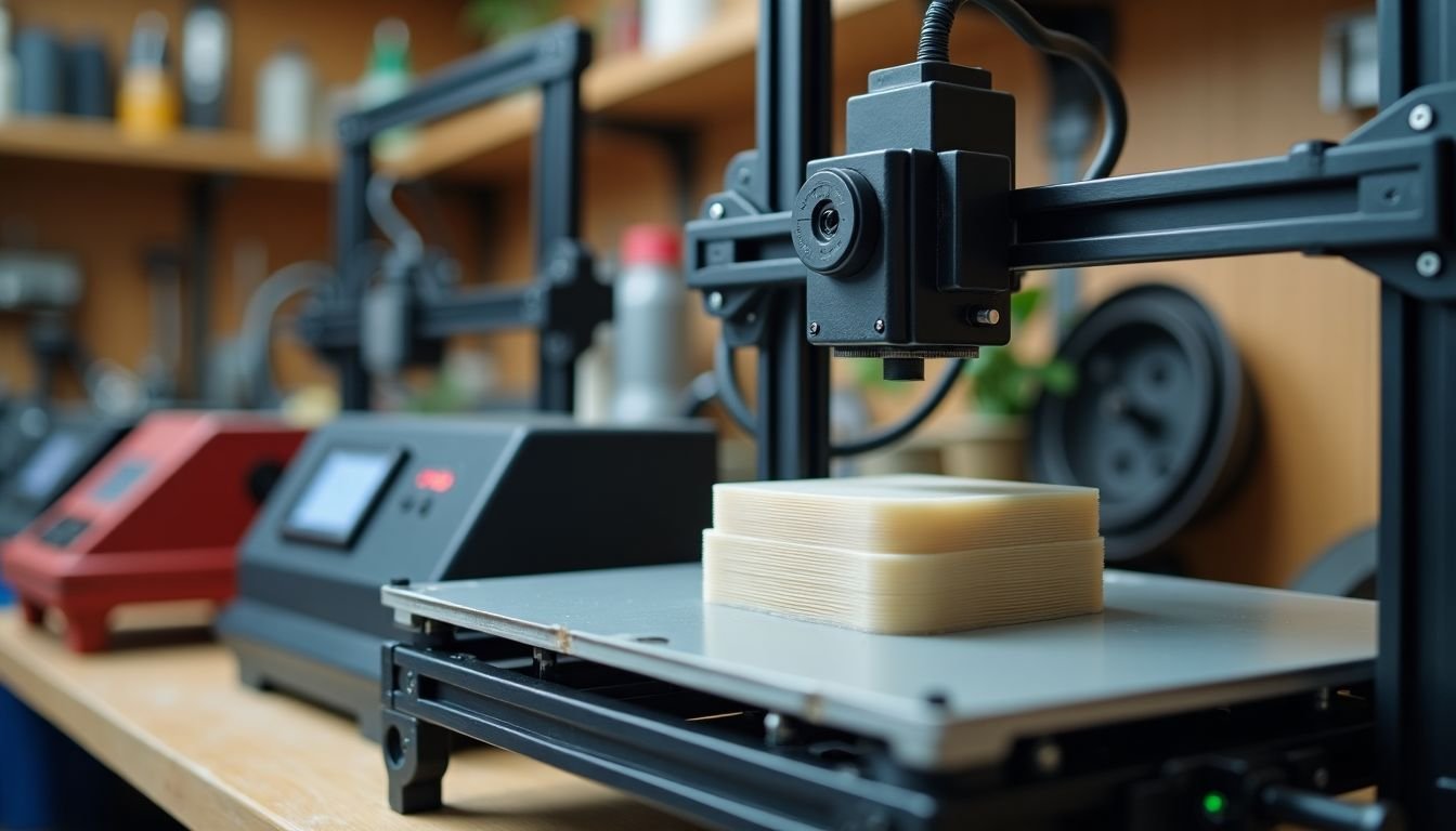 A 3D printer in a workshop with unevenly printed object.