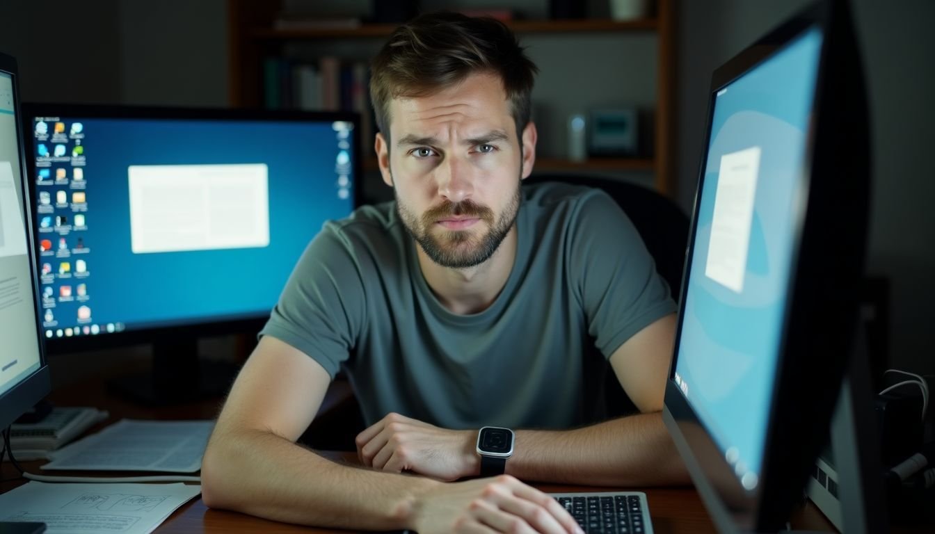 A frustrated man in his 30s tries to fix glitchy computer monitors.