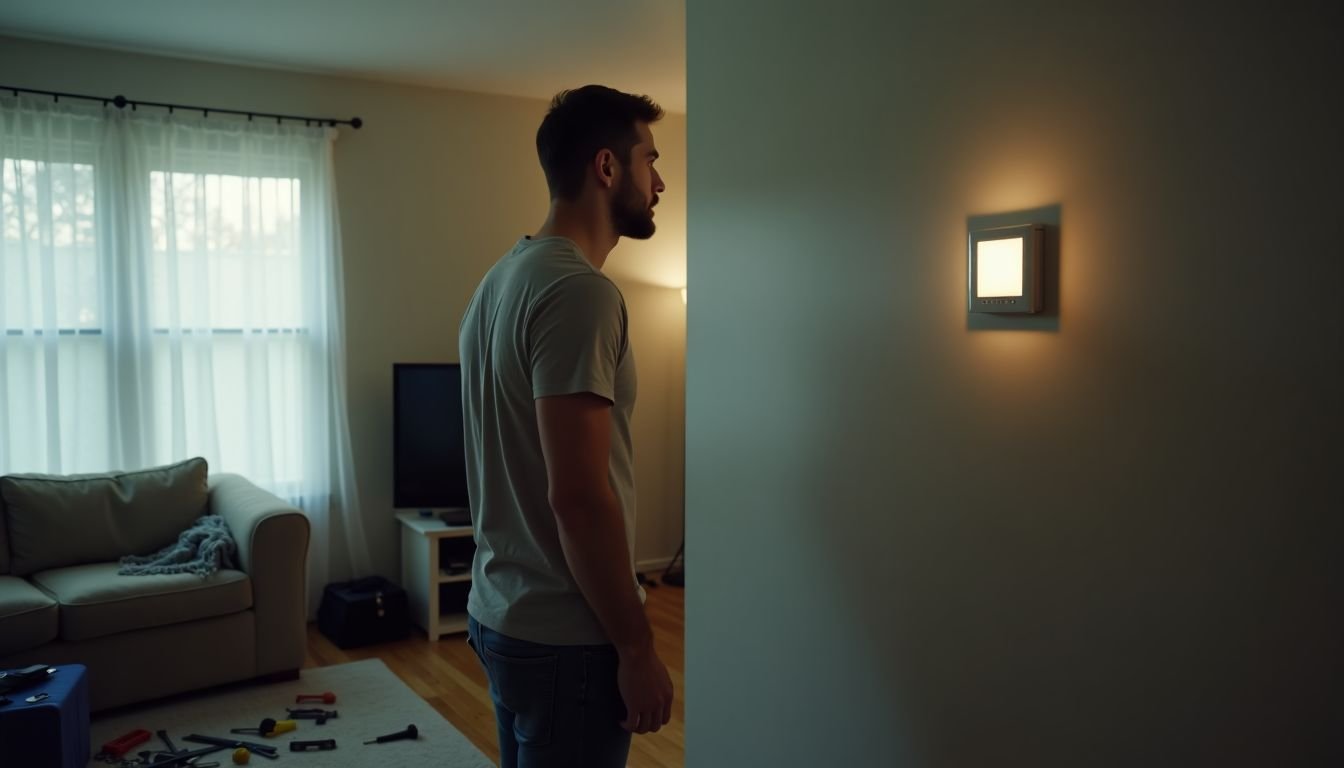 A man in his 30s looks puzzled while trying to fix a blank thermostat.