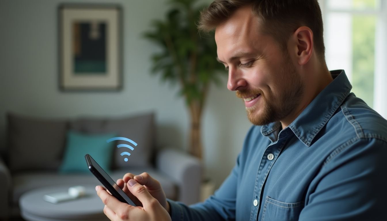 A man troubleshoots digital lock connectivity with smartphone in living room.