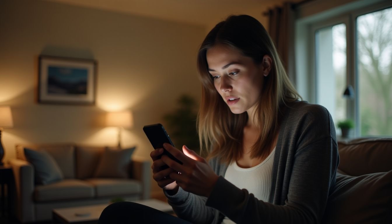 A woman troubleshoots her Fitbit in a cozy living room.