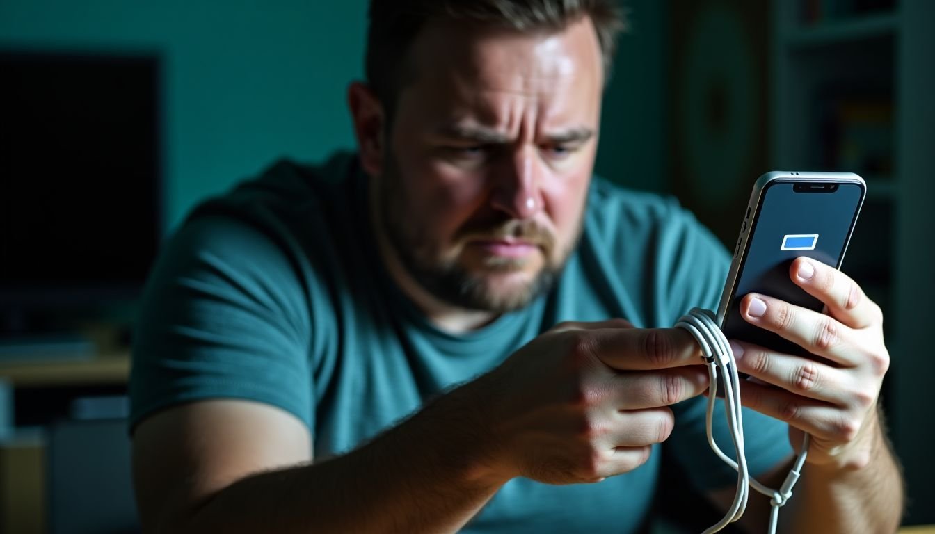 A frustrated man struggles to charge his power bank.