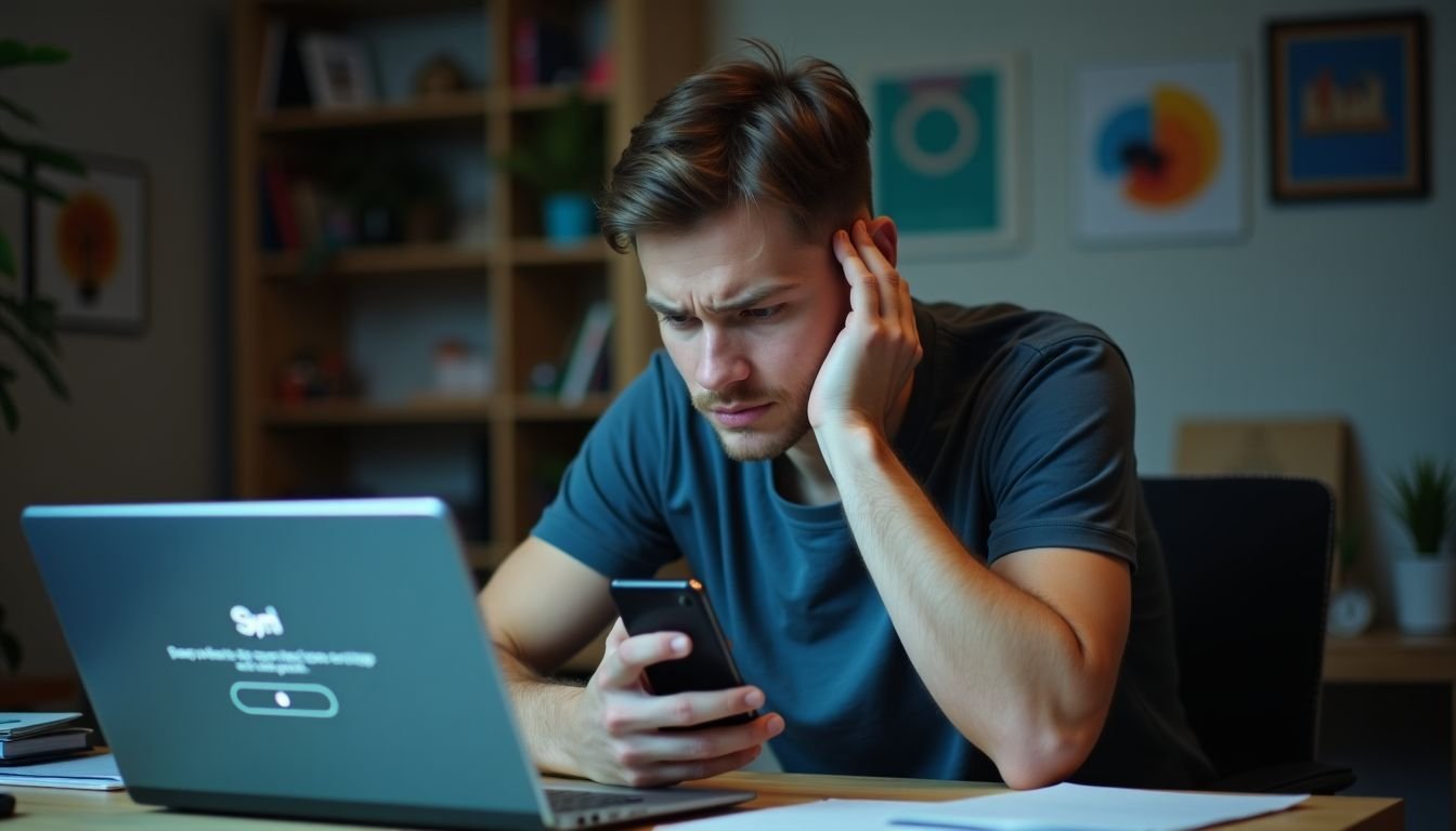 A frustrated man at a cluttered desk struggles with a sync error on his laptop.