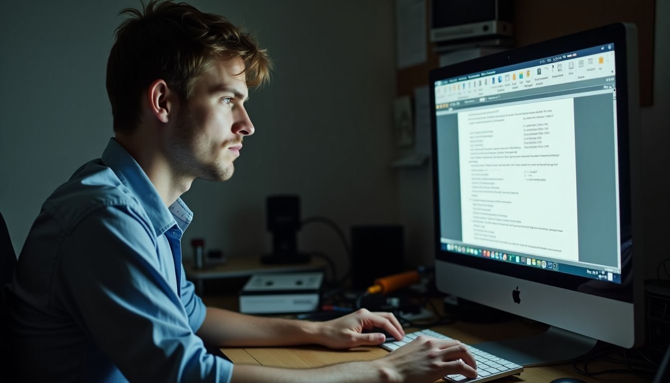 A man in his 30s studying a troubleshooting manual at a messy desk.