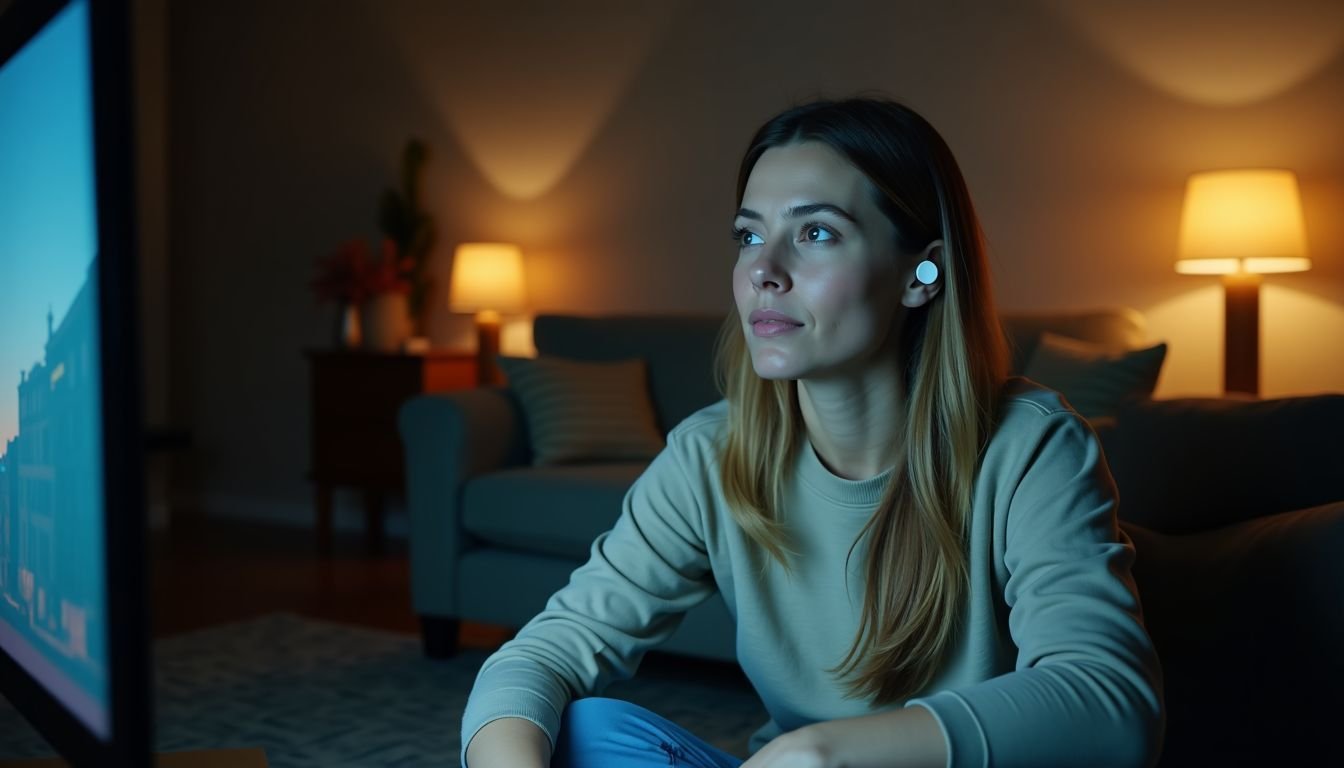 A woman in her 30s is connecting wireless earbuds to a TV.