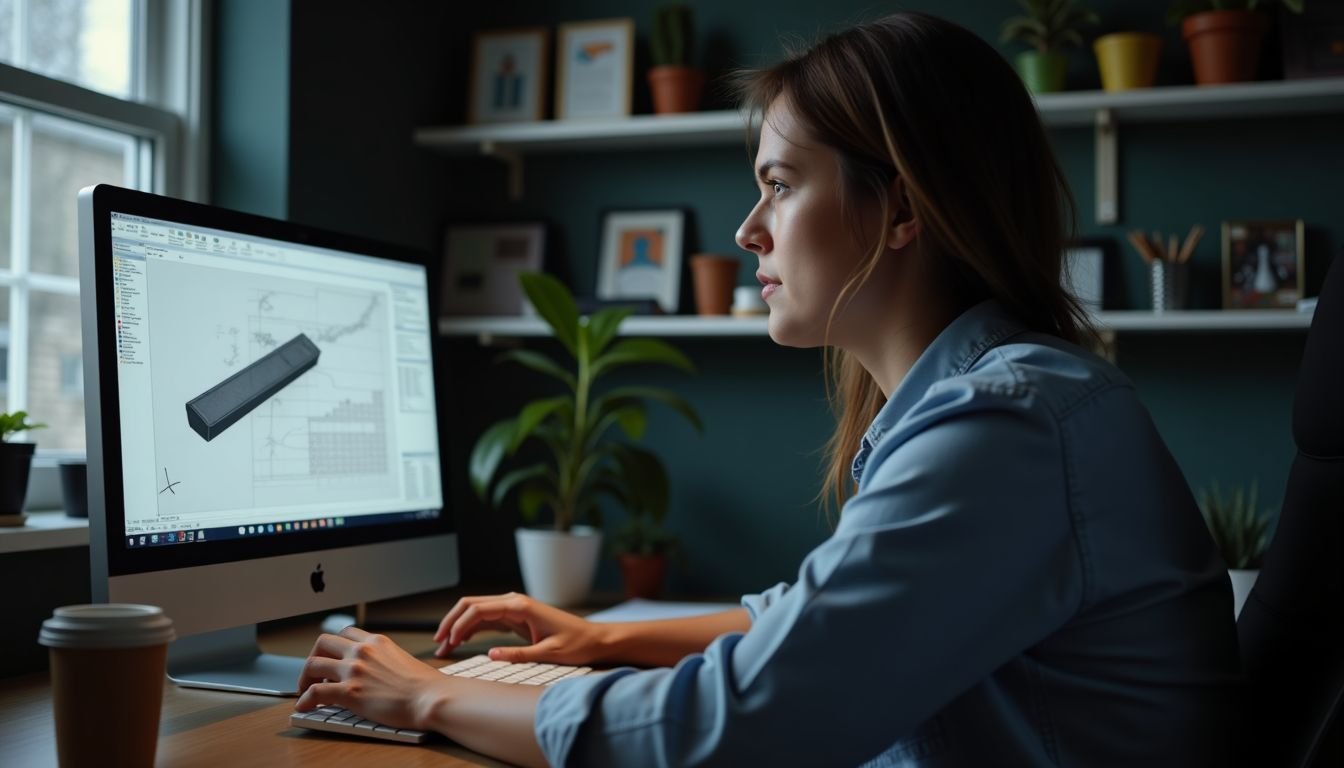 A person using SolidWorks on a computer in a home office.