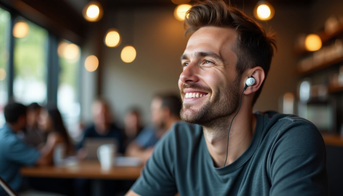 A man enjoys music with noise-canceling earbuds in a busy cafe.