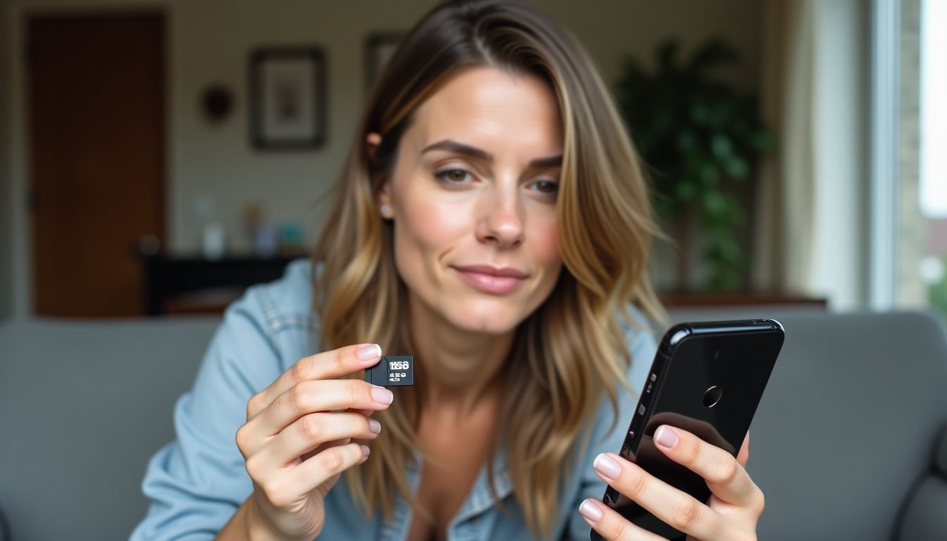 A woman compares internal and external storage on her phone.