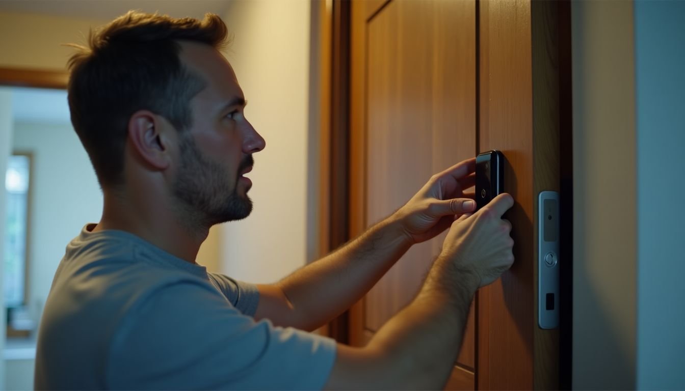 A man installs a smart lock on his front door.