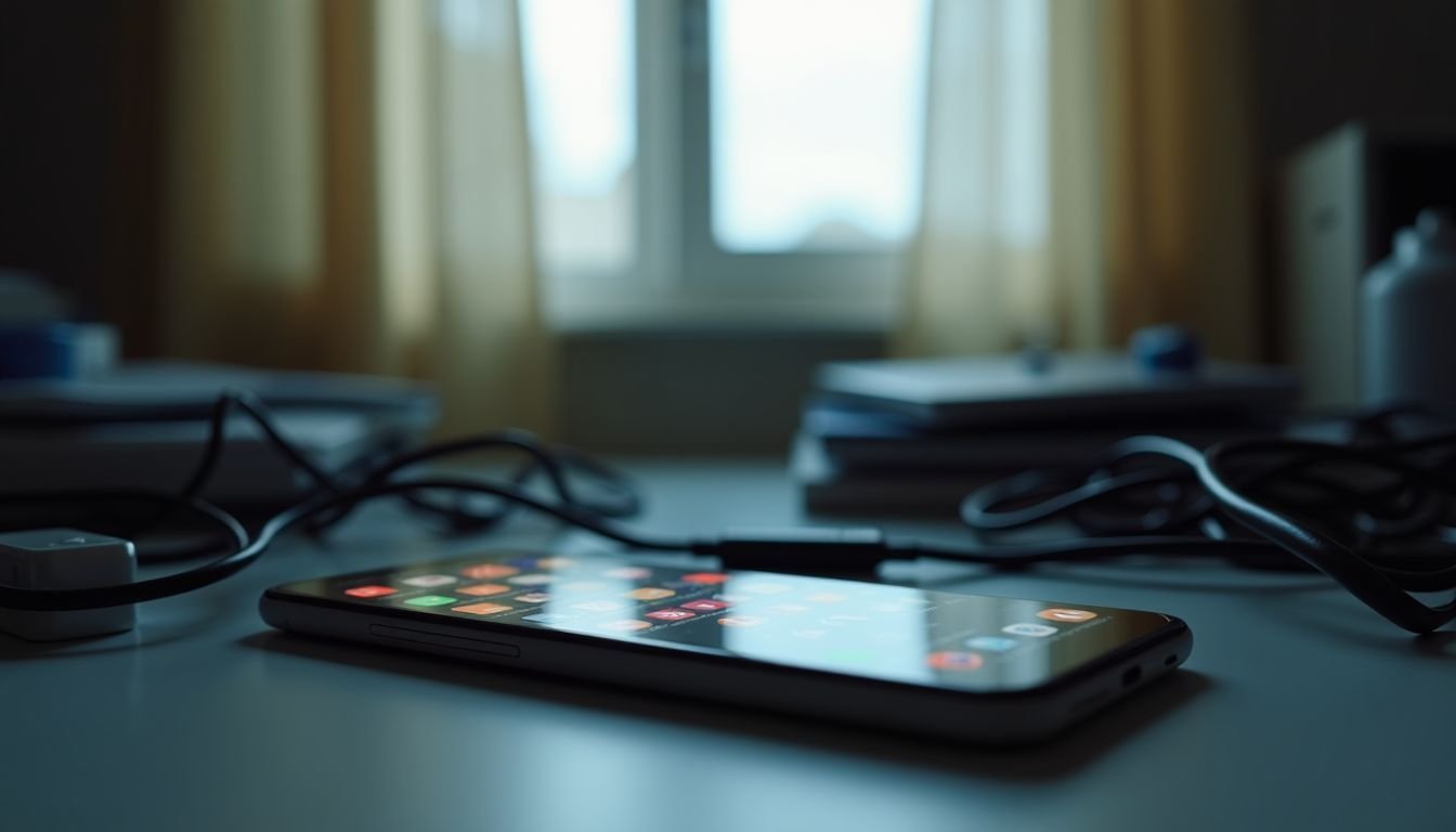 A cluttered desk with an Android phone and tangled cables.