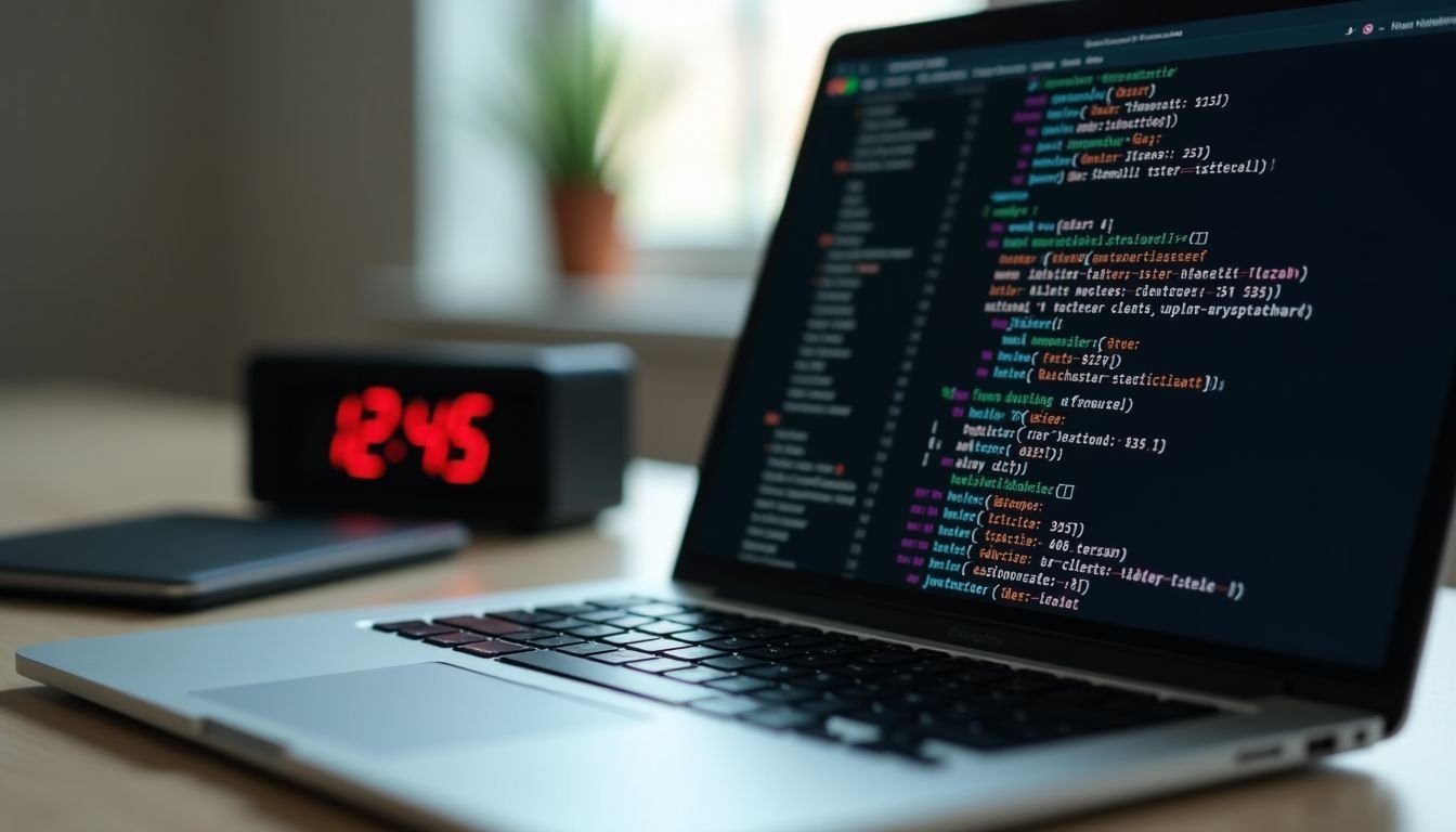 A laptop displaying complex encryption algorithm with a ticking digital timer.