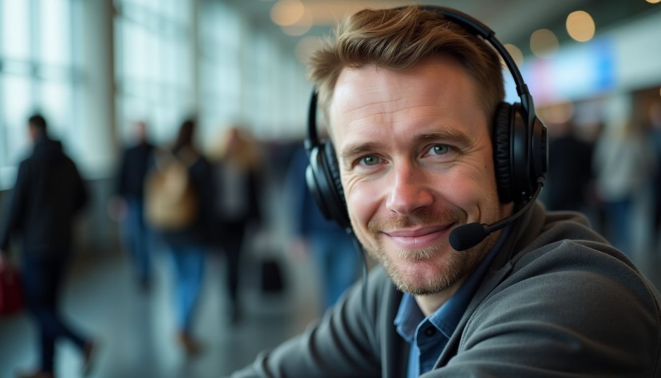 A man in his 30s wearing headphones sits in a busy airport.