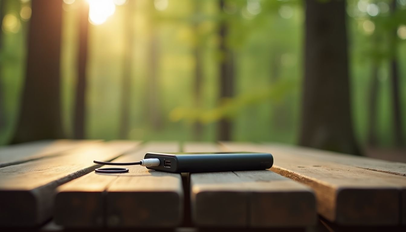 A power bank sits on a picnic table in a forest.