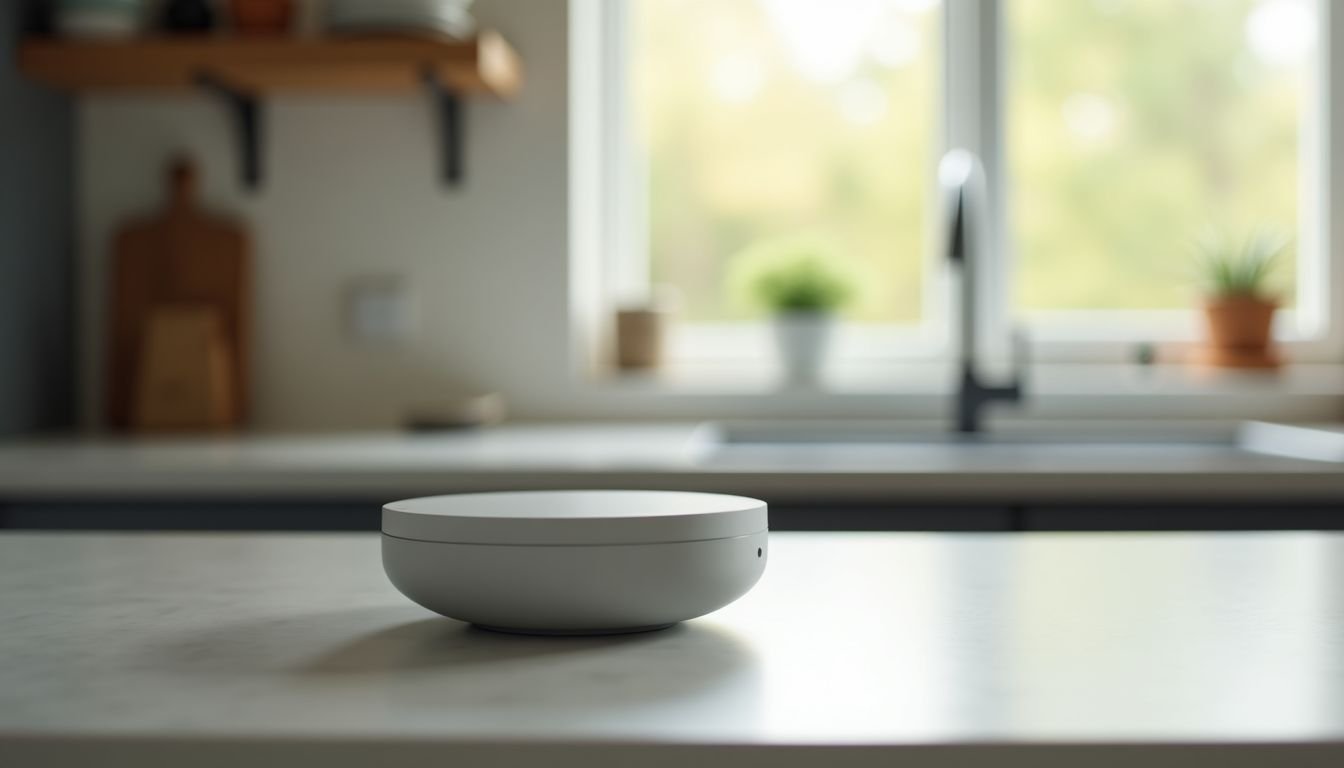 A smart home device on a modern kitchen counter with Wi-Fi connectivity.