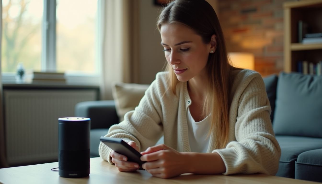 A woman sets up smart home skills on her Amazon Alexa.