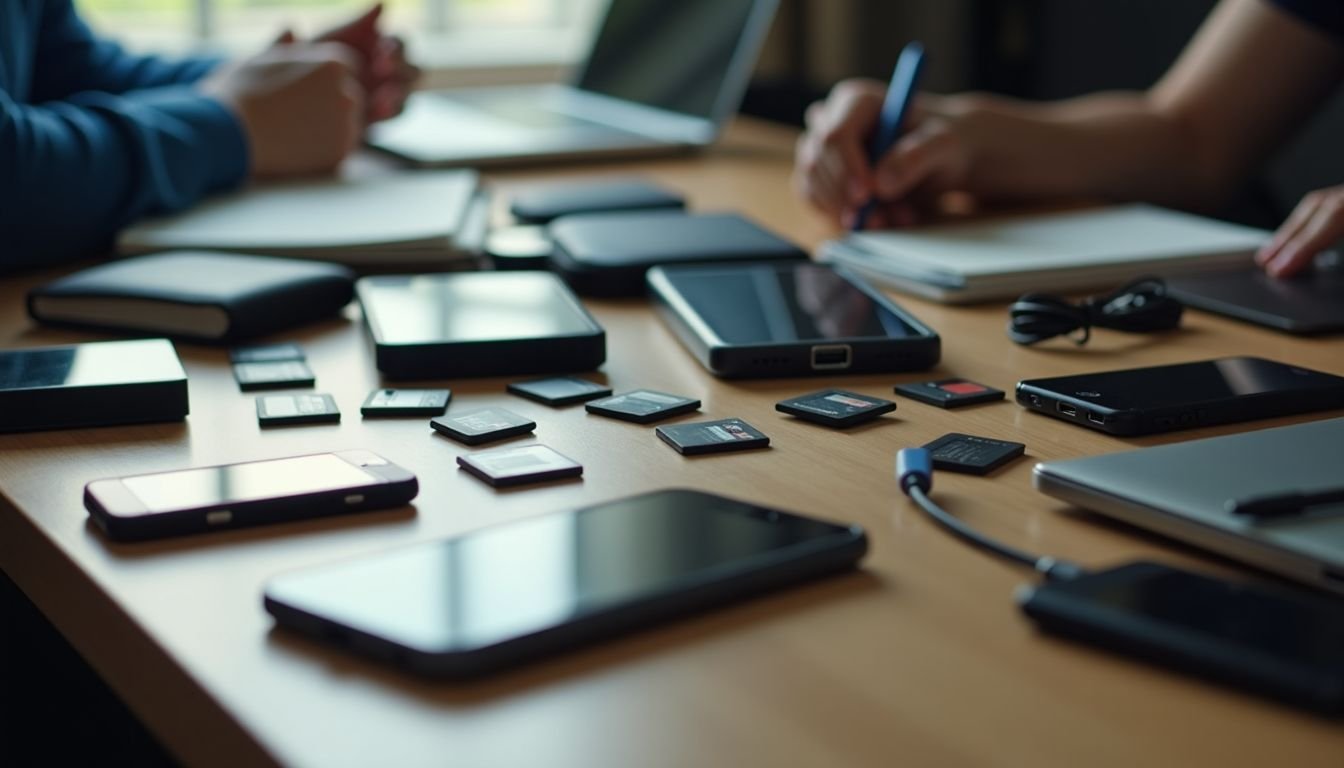 A cluttered desk with electronic devices and cables in natural lighting.