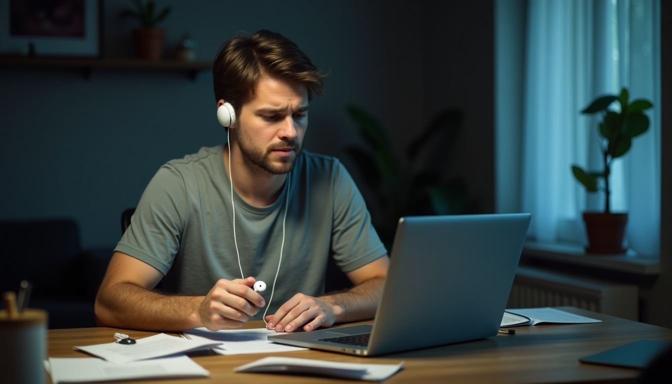 A man in his mid-30s struggles to connect wireless earbuds to his laptop.