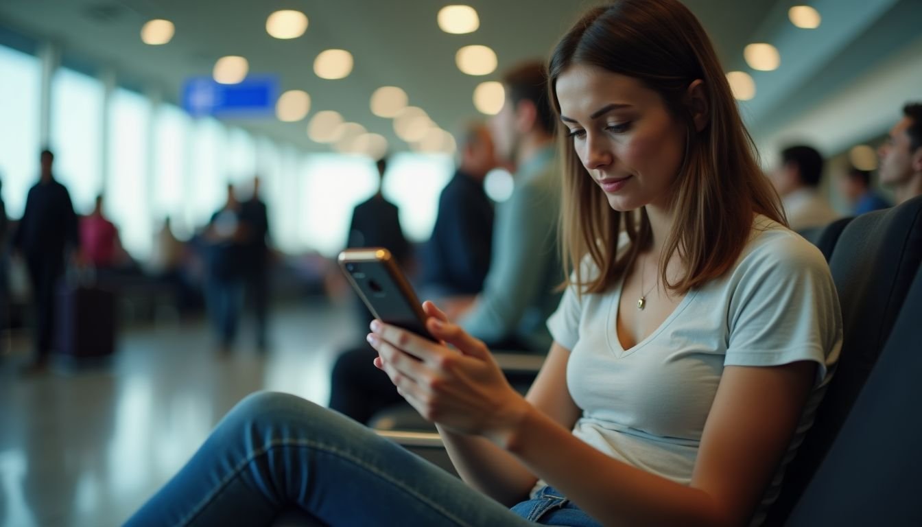 A woman in her late 20s is using a portable power bank at an airport terminal.