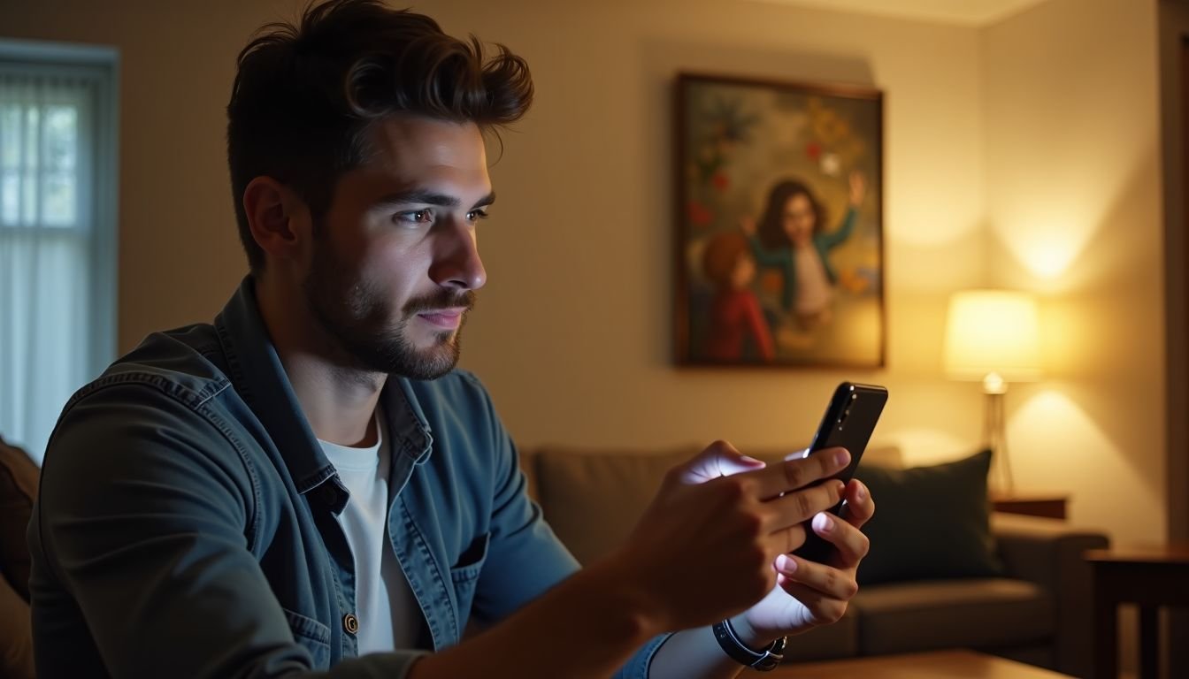 A man in his 30s adjusting smart lighting in his living room.