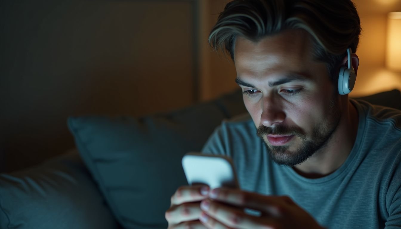 A man in his 30s examines low battery wireless earbuds.