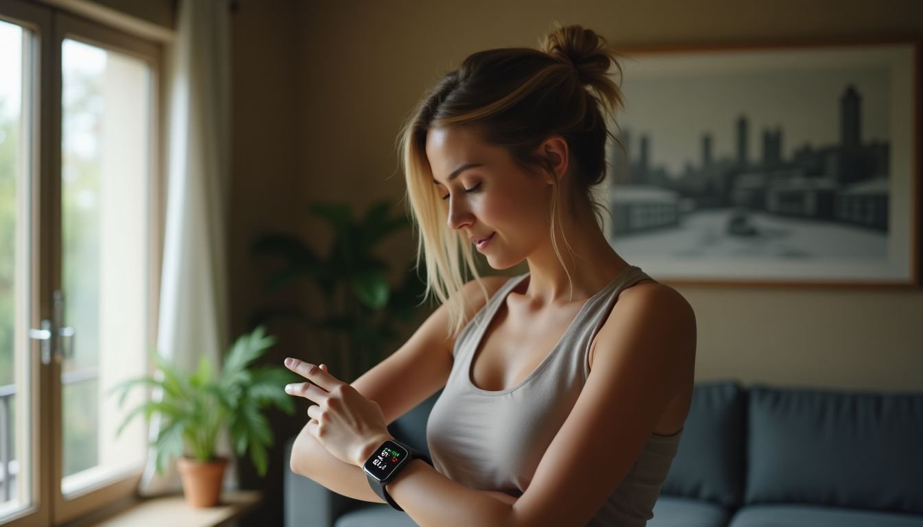 A woman in her mid-30s is checking her physical activity on her Apple Watch.