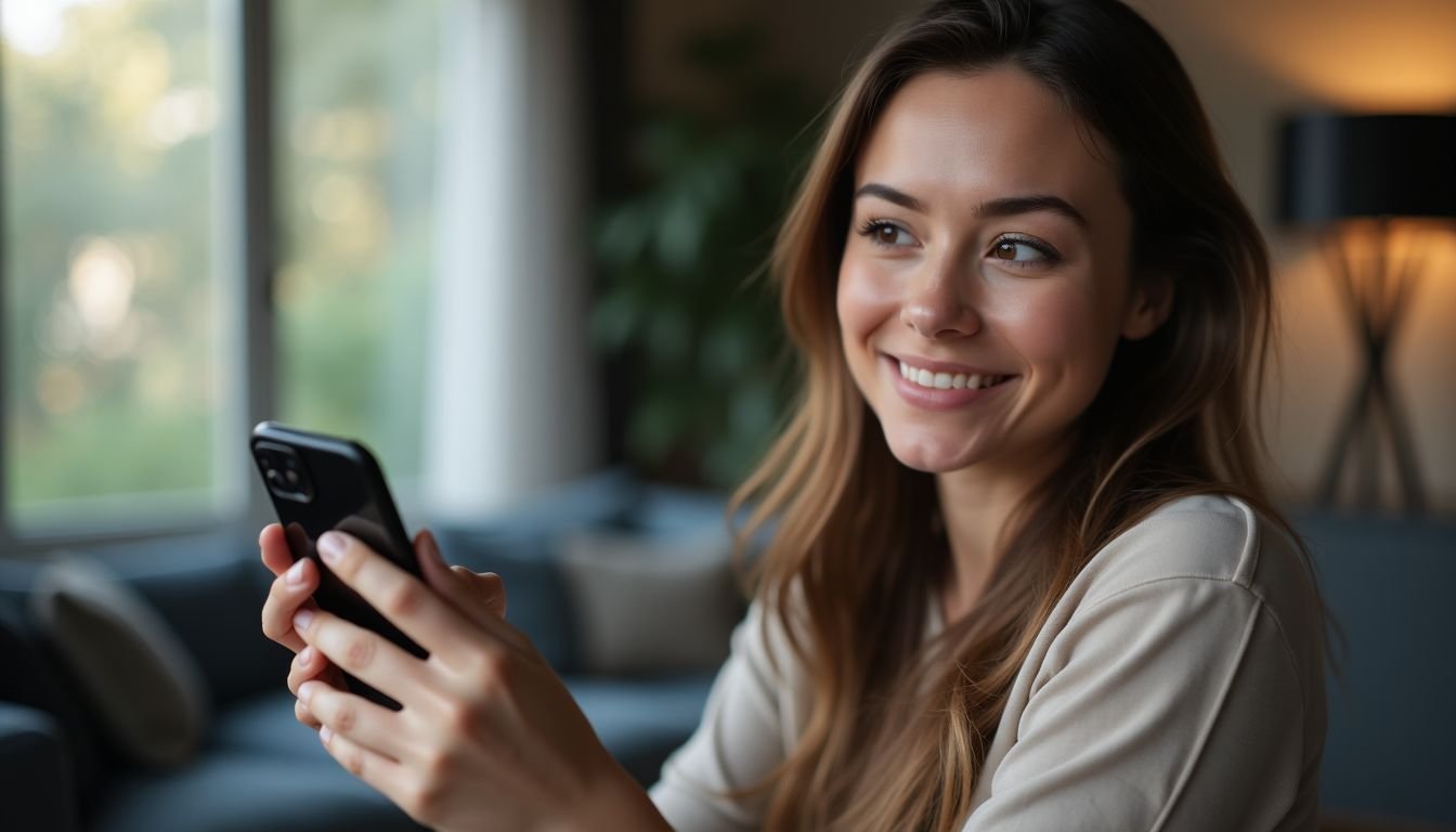 A woman in her thirties uses voice commands to control smart home devices.