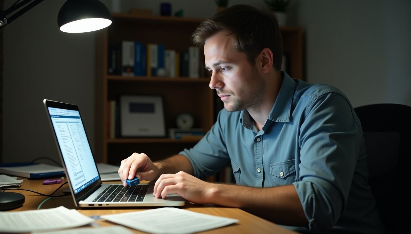 A man in his 30s sits at a cluttered desk using a laptop.