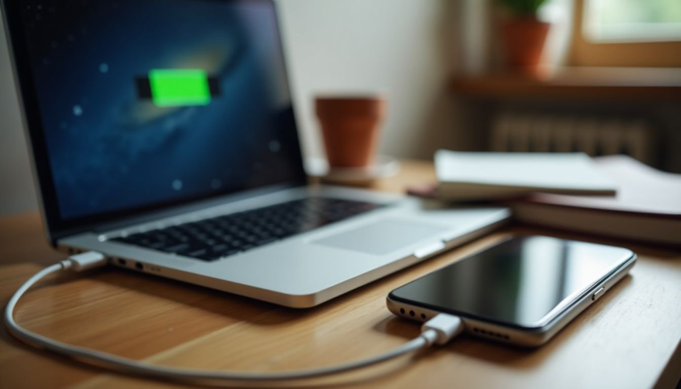 A laptop is connected to a power bank in a home office.