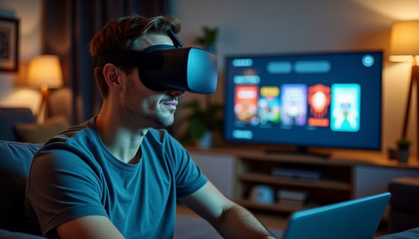 A man in his 30s using a VR headset to browse games.