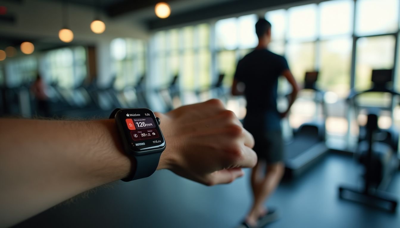 An Apple Watch displays workout data in a modern gym setting.