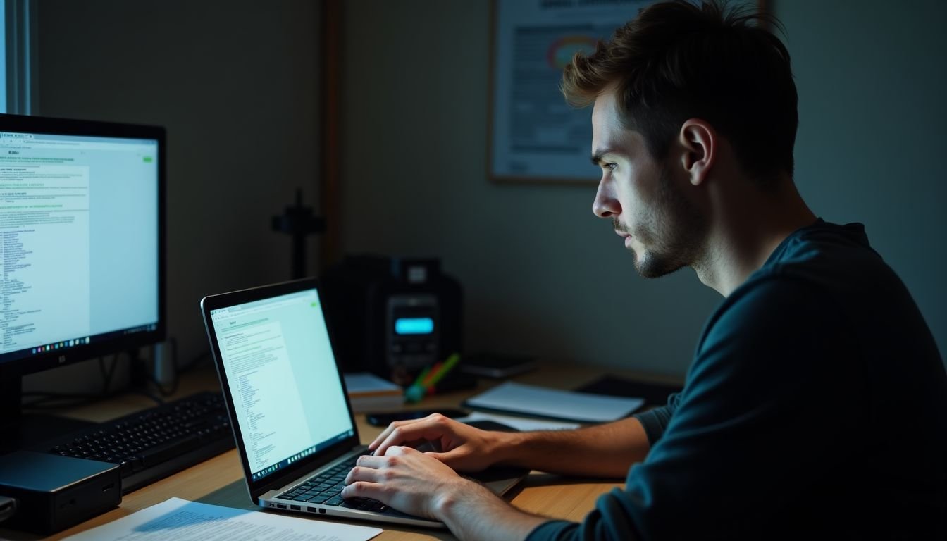 A man in his 30s is working on a laptop at a cluttered desk.