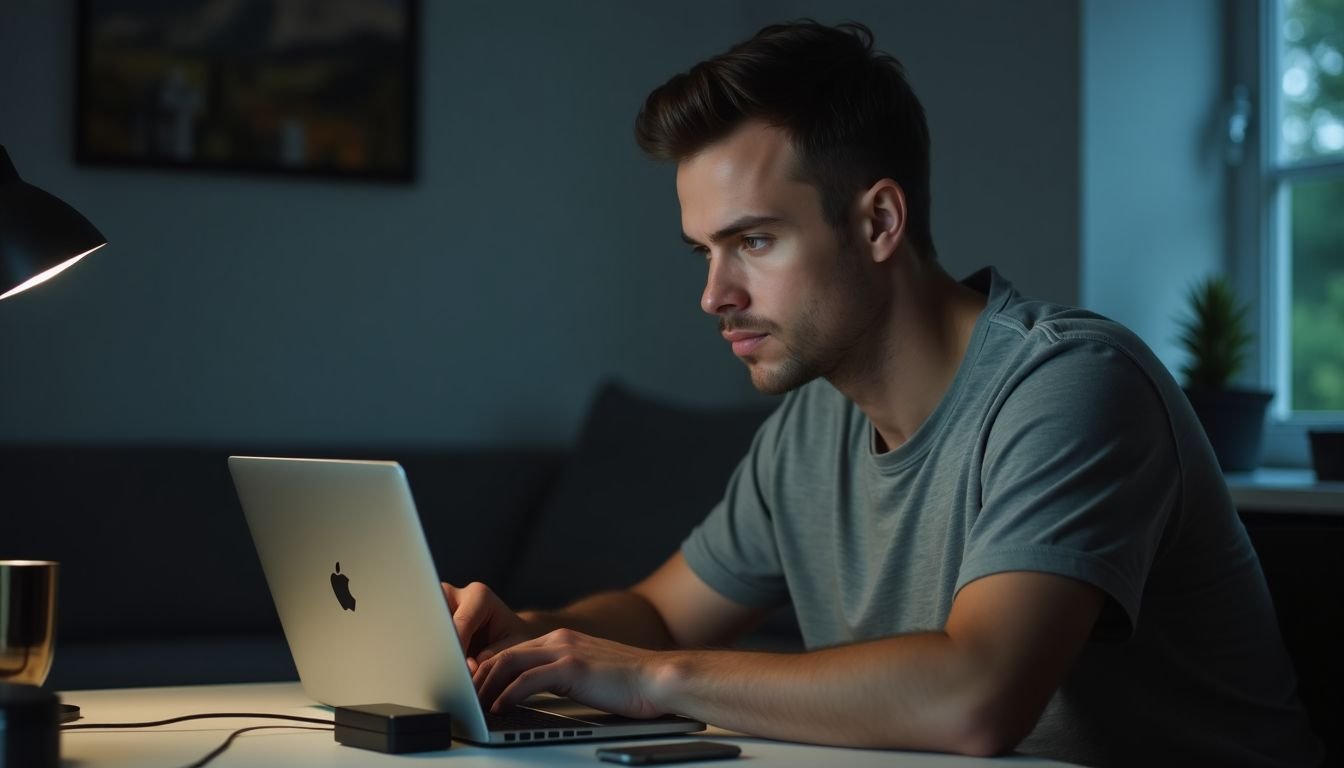 A man connects an external hard drive to his laptop.