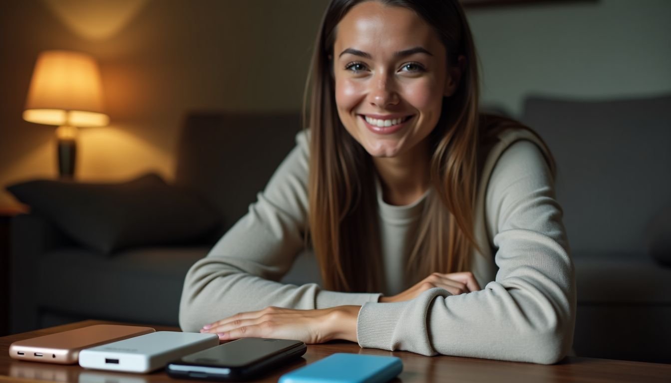 A woman in her 30s sitting in a cozy living room compares power bank options.