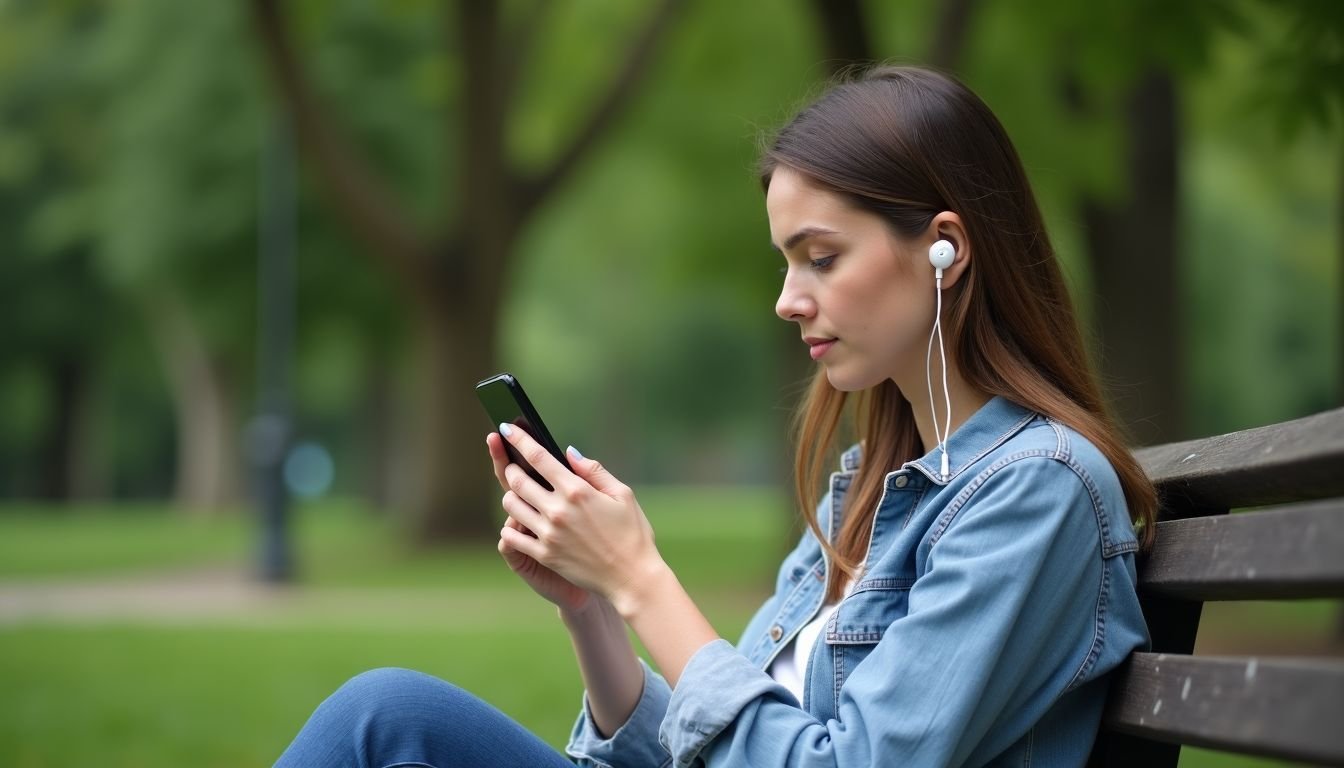 A woman in her late 20s adjusting phone volume on a park bench.